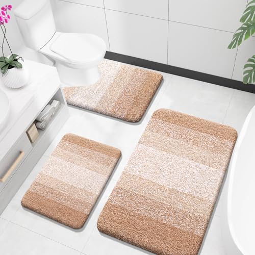 OLANLY Microfiber Bathroom Rugs Sets 3 Piece, 36"x24"+24"x16"+24"x20" | Beige, Soft Absorbent Bath Mats and U-Shaped Contour Toilet Rug, Plush Shaggy Bath Mat Set for Bathroom - color: Beige, size: 36" X 24" + 24" X 16" + U24" X 20"