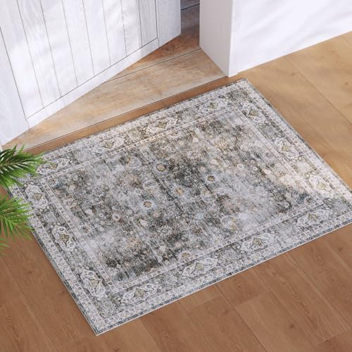 Rugcomf 2x3 Rug Washable Boho Rug Soft Small Area Rug Non-Slip Non-Shedding Faux Wool Vintage Rug for Door Mat, Kitchen, Floor, Entryway, Powder Room (Grey) - color: Grey, size: 2' x 3' (Rectangular)