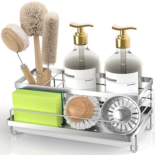 Cisily Stainless Steel Sponge Holder for Kitchen, Sink Caddy Sink Organizer Rack for Kitchen Accessories with Drip Tray, Rustproof and Non-slip, Dish Soap Dispenser Countertop Organizer - color: Silver