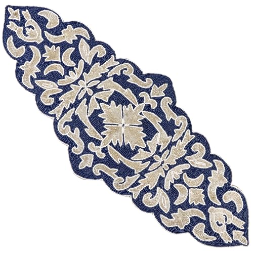 Beaded Table Runner, Blue Silver, 36x13 | Glass beads on polyester satin backing, 36x13 in, non-slip, weddings, holidays, dining & console tables - color: Navy/Silver, size: 36"x13"