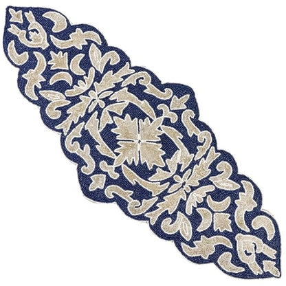 Beaded Table Runner, Blue Silver, 36x13 | Glass beads on polyester satin backing, 36x13 in, non-slip, weddings, holidays, dining & console tables - color: Navy/Silver, size: 36"x13"