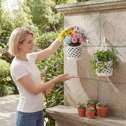 2 Pcs Macrame Planter Basket Wall Hanging Pot Holder for Indoor Plants 4 Inch Pots Decorative Succulents Display Plant Hanger Net Bag for Home Garden, White