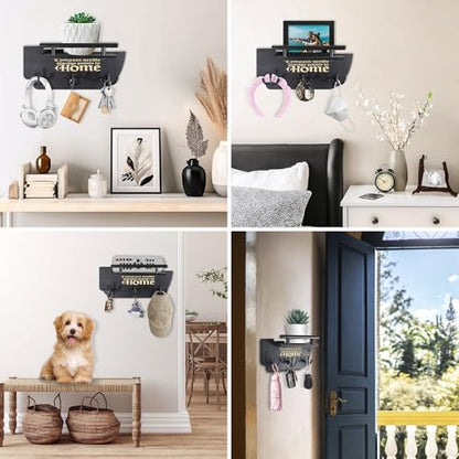 Picowe Wall Mounted Mail and Key Holder, Wooden Black Ship Style with 3 Anchor Hooks for Entryway, Farmhouse Wall Organizer for Mail & Keys
