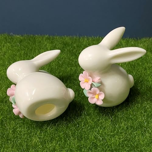 Set of Mini Ceramic Rabbit Figurines, Porcelain Easter Bunny Decorations for Home, Tabletop Ornament, Tea Ceremony Pet (2-Flower)