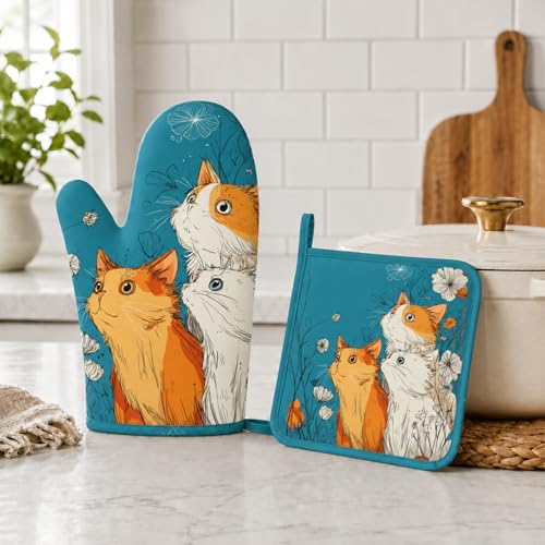 Cute Cat Kitten Oven Mitts and Pot Holders Sets Non-Slip Silicone Surface for BBQ Gloves,Kitchen,Cooking,Baking,Grilling - color: Cute Cat Kitten