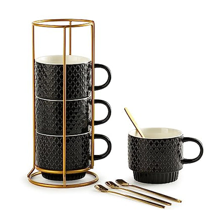 Gomakren Coffee Mugs Set of 4, 13oz Stackable Coffee Cups with Stand, Black | Gloss Embossed Stoneware, Gold Rack & Spoons | for Coffee, Milk, Tea, Cocoa, Daily & Gifting Use | Microwave/Dishwasher Safe - color: Black