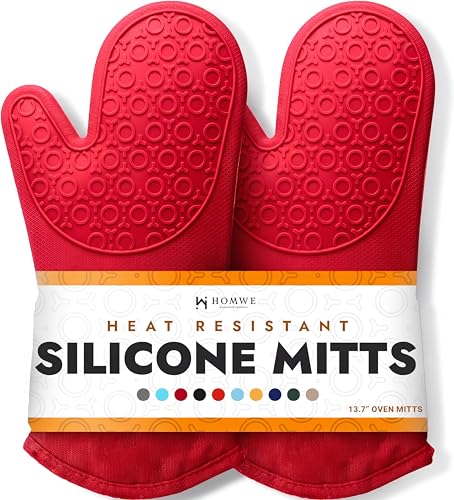 BPA-Free Silicone Oven Mitts Ultra Heat Resistant up to 500°F - Oven Mitts with Thick Cotton Liner - Long Slip Resistant Pot Holders, Flexible Oven Gloves - Canyon Red 13.7 - color: Red, size: 2-Piece 13.7" Oven Mitts