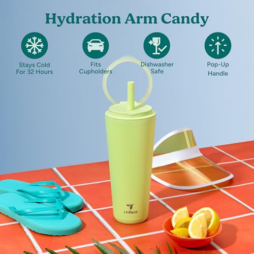 REDUCE Halo 32 oz Stainless Steel Vacuum Insulated Tumbler - Spill Proof Travel Mug with Flip Handle Lid - Keeps Drinks Cold for 32 Hrs - Dishwasher Safe - Cupholder Friendly - Mojito - color: Mojito, size: 32 Ounces