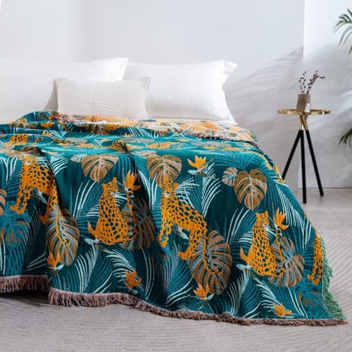 100% Cotton Muslin Throw Blanket 60''x80'', Soft Breathable Lightweight, All-Season Reversible Bohemian Tropical Safari Leopard Animal Print Bedspread Coverlet, Fringed Teal Jungle Bed Throw - color: Orange Leopards, size: 60"x80"