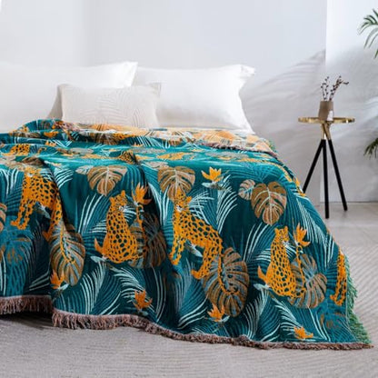 100% Cotton Muslin Throw Blanket 60''x80'', Soft Breathable Lightweight, All-Season Reversible Bohemian Tropical Safari Leopard Animal Print Bedspread Coverlet, Fringed Teal Jungle Bed Throw - color: Orange Leopards, size: 60"x80"