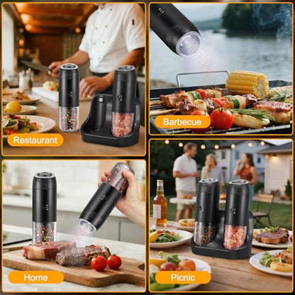 Rechargeable Gravity Electric Salt Grinder Set,Black | w/ Variable Grinding Speed, External Adjustable Coarseness, External Adjustable Coarseness, Charging Base and White LED Light - color: Black with Charging Base