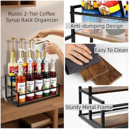 Coffee Syrup Rack Organizer -2 Tier 10 Syrup Bottles Holder Stand for Coffee Bar Kitchen Countertop,Stepped Display Shelf for Spices, Jars, Dressing Freestanding Storage Shelves Rustic Small Wine Rack