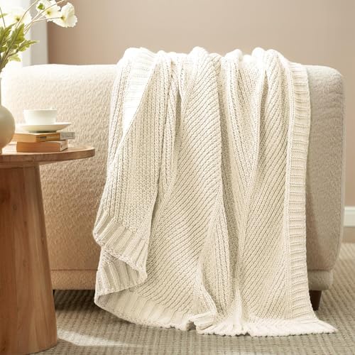 Knit Throw Blanket, Soft Chenille Cozy Breathable Chevron Chunky Decorative Blanket for Couch, Bed & Sofa, French-Inspired Lightweight Warm Gift for Women, Ivory, 50"x60" - color: Ivory, size: Chervon Knit 50"x60"
