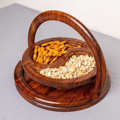 Handmade 12″ Collapsible Wooden Basket, 2-Compartment Yin-Yang Design in Himalayan Rosewood, Fruit Basket, Bread Bowl & Trivet, Folds Flat for Easy Storage – Unique Centerpiece & Gift
