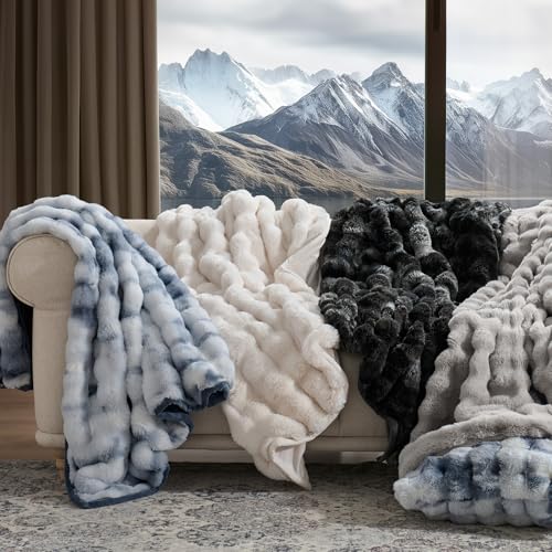 Faux Rabbit Fur Bubble Throw Blanket, 50"x60", Cloud Blue | Ultra Soft, Luxury Faux Rabbit Fur Throw, Thick Warm Bubble Blanket, Cozy Fluffy Reversible, for Bed, Couch, Chair, Sofa - color: Marble Cloud Blue, size: 50"x60"
