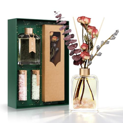 Reed Diffuser Home Fragrance Set 6oz with Real Dried Flowers & Natural Crystal Stones for Positive Energy – DIY Aromatherapy Gift, Safe for Kids and Pets (Rose Veil)