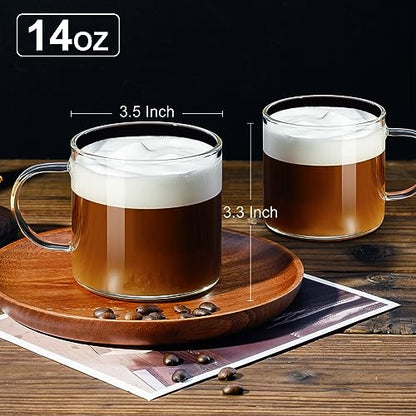 PARACITY Glass Mug Set of 2, 14.2 fl oz Clear Coffee Cups with Handles | Borosilicate bodies have wide mouths, grips and raised bases for latte, cappuccino, tea, hot drinks or water - size: 14.2 Ounces