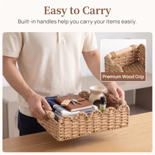 2 Pcs Toilet Paper Storage Basket with Wood Handles, Bathroom, 2Pcs | Scalloped Edge Paper Rattan Bathroom Basket, Over-The-Toilet Storage Organizer for Shelf, Countertop, Modern Farmhouse Decor