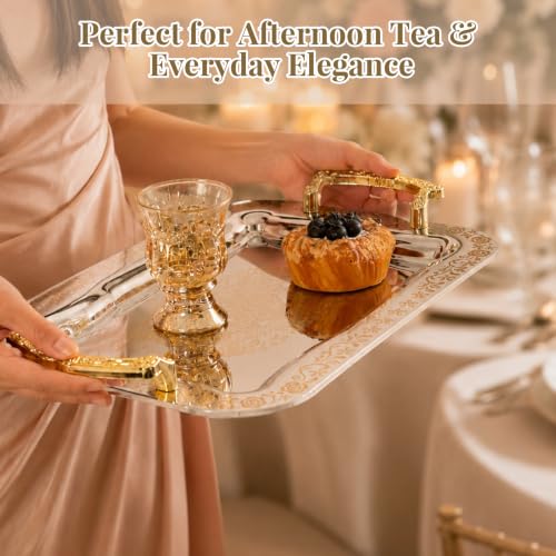 3 Pcs Silver Serving Trays with Handles | Metal Decorative Floral Rectangle Tray Set for Coffee Tea Dessert, Silver & Gold Platter for Buffet Wedding Home Decor