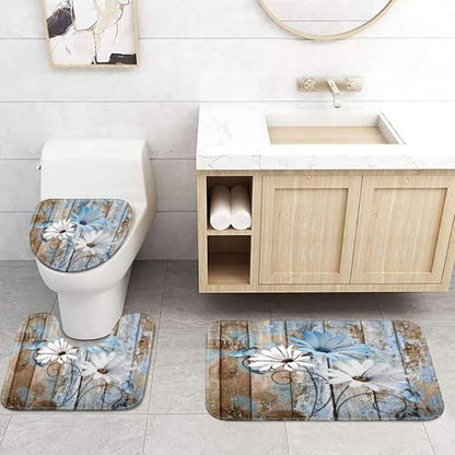 JAWO 4 Piece Blue Daisy Flower on Rustic Wooden Plank Country Style Shower Curtain Sets with Non-Slip Rugs, Toilet Lid Cover and Bath Mat, Shower Curtain with 12 Hooks - color: Blue-01, size: 5'10" x 5'10" (Rectangular)