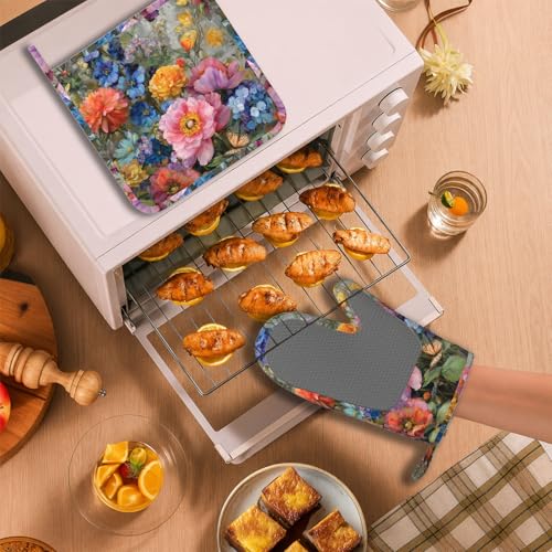 Wild Blooming Flowers Oven Mitts and Pot Holders Sets Butterflies Silicone Kitchen Mitts Potholders Heat Resistant Oven Gloves Hot Pads for Kitchen Baking Cooking BBQ - color: Wild Blooming Flowers