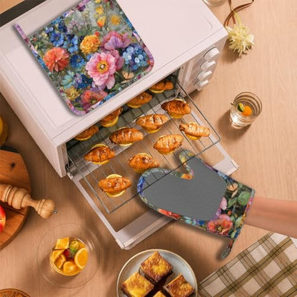 Wild Blooming Flowers Oven Mitts and Pot Holders Sets Butterflies Silicone Kitchen Mitts Potholders Heat Resistant Oven Gloves Hot Pads for Kitchen Baking Cooking BBQ - color: Wild Blooming Flowers