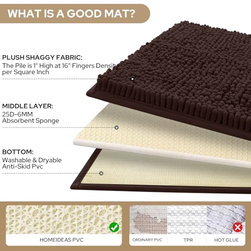 HOMEIDEAS 3 Pieces Bathroom Rugs, Ultra Soft Non Slip Absorbent Chenille Toilet Bath Mat Set (Brown) - color: Brown-brown, size: 17"x24"+20"x32"+U Shape 20"x24"