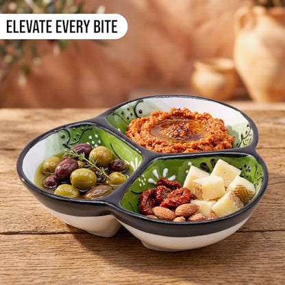 3-Compartment Ceramic Serving Dish, Handmade in Spain | 7.5” divided chip and dip bowl with lead-free glaze, microwave, oven and dishwasher safe, ideal for tapas, snacks and sauces - color: Onyx Green