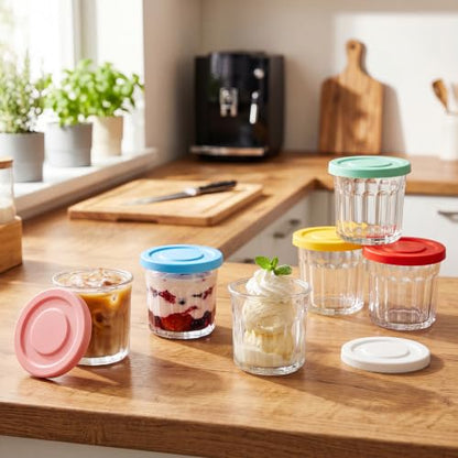 Suclain Glass Cups with Lids Set of 6, 13.5 oz Clear Coffee Cups,Colorful | Thick Drinking Glasses, Heavy Duty Tumblers with Leak Proof Lids, Glassware for Cold Drinks, Iced Coffee Yogurt Overnight - color: Colorful