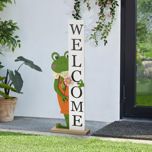 Glitzhome Welcome Sign for Front Porch, 36"H Wooden Frog "WELCOME" Porch Sign Standing Large Signs for Home Front Door Yard Season Party Decor - color: Frog "WELCOME"