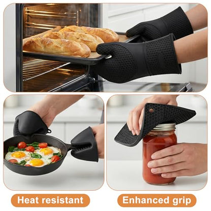 6 Pcs Oven Mitts and Pot Holders Sets for Kitchen, Extra Long Silicone Oven Gloves High Heat Resistant 500 Degrees Non-Slip Potholders Hot Pads for Baking Cooking (Black)