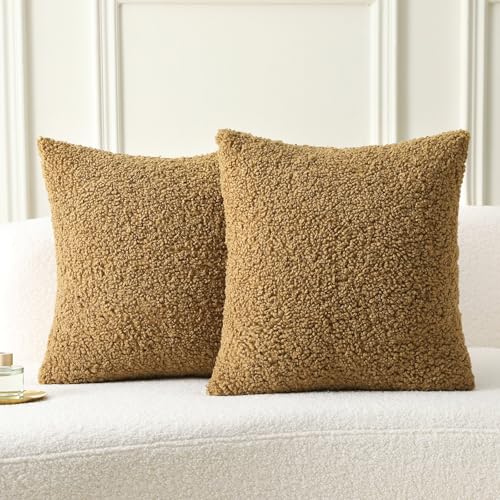 FUTEI Pack of 2 Faux Fur Teddy Boucle Pillow Covers 22x22 Inch, Khaki | Soft Fluffy Decorative Textured Neutral Pillow Covers, Machine Washable,Accent Solid Couch Pillows Sofa Bed Home Living Room - color: Khaki, size: 22" x 22" (Pack of 2)