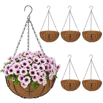 10 inch Metal Hanging Baskets for Plants Outdoor, 6 Pack Metal Wire Hanging Basket Planter with Coco Liner Flower Pots for Indoor Outdoor Garden Porch Patio, Heart-Shaped - size: 10" x 6 Pack, style: Heart
