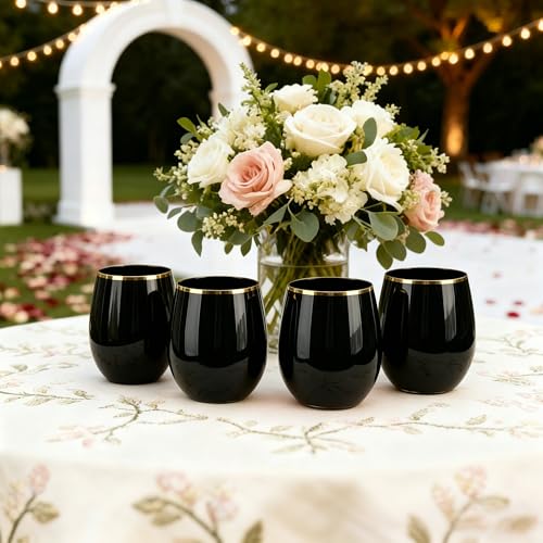 GuanQiao 24 Pack 12oz Black Plastic Wine Glasses with Gold Rim | Black Stemless Disposable Wine Cups, Shatterproof, BPA-Free Reusable Drinkware for Wedding, Party, New Year and Bridal Shower