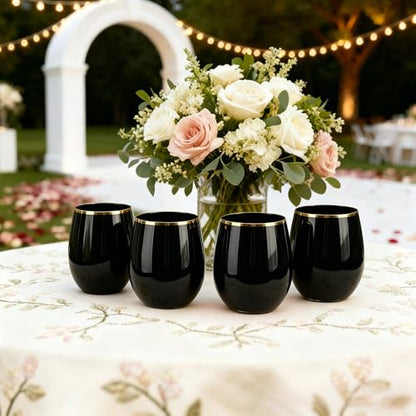 GuanQiao 24 Pack 12oz Black Plastic Wine Glasses with Gold Rim | Black Stemless Disposable Wine Cups, Shatterproof, BPA-Free Reusable Drinkware for Wedding, Party, New Year and Bridal Shower