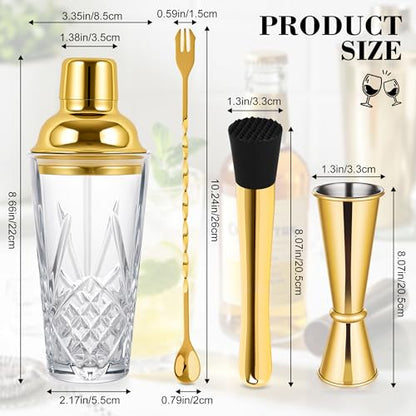 Glass Cocktail Shaker Set with Gold Lid,Cocktail Shaker Glass Kit with Built-in Strainer, Jigger, Bar Spoon & Muddler, Leakproof Glass Shaker for Home Bar, Cocktails, Martini, Gift(4-Piece)