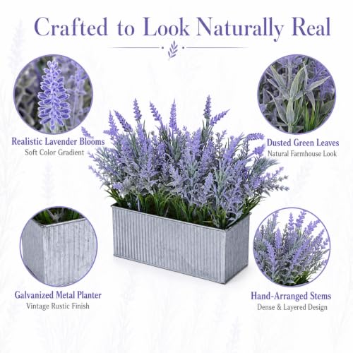 Artificial Lavender Flowers Potted Outdoor UV Resistant Fake Lavender for Window Sill Faux Lavender Plant for Farmhouse Home Bathroom Office Coffee Table Centerpieces Book Corner Shelf Indoor Decor