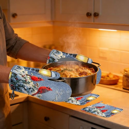 Red Cardinal Oven Mitts and Pot Holders Sets,Extra Long Winter Snow Branch Kitchen Mittens for Cooking,Thick Cotton Heat Resistant Silicone Cooking Utensils Set for Baking Cooking Grilling - color: Red Cardinal