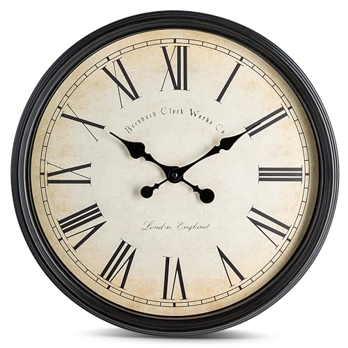 Bernhard Products Large Decorative Wall Clock 20 Inch Silent Non Ticking Battery Operated Quartz Vintage Stylish with Rustic Black Rim for Home Living/Dining Room Kitchen & Over Fireplace - style: Rustic Black