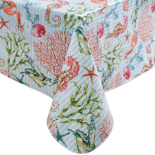 Newbridge Vinyl Oval Tablecloth with Flannel Backing, 60 x 84 Inch, Neponsit Sea Life, Waterproof, Soil Resistant Dining Room, Party and Banquet Table Cover, Starfish, Seahorses and Coral, Blue - size: 84" x 60" (Oval)