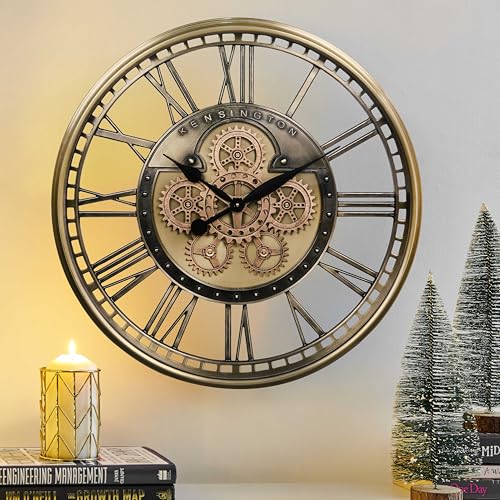 28" Moving Gear Wall Clock for Living Room,Gold Roman Numeral | SIilent Non Ticking, Aluminum Dial, Unique Modern Wall Clocks for Dinning Room, Entryway & Home Office - color: Roman Brass Gold, size: 28"