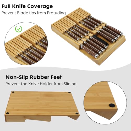 Bamboo Kitchen Drawer Knife Holder, In-drawer Knife Block, Knife Drawer Organizer fit for 16 knives and 1 steel sharpening | Compact design,17 Slots, Thicker Base Board, Large Drawer Knife Storage For Steak, Paring, Bread Knives, Sharpening Steel - size: