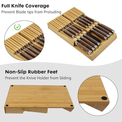 Bamboo Kitchen Drawer Knife Holder, In-drawer Knife Block, Knife Drawer Organizer fit for 16 knives and 1 steel sharpening | Compact design,17 Slots, Thicker Base Board, Large Drawer Knife Storage For Steak, Paring, Bread Knives, Sharpening Steel - size: