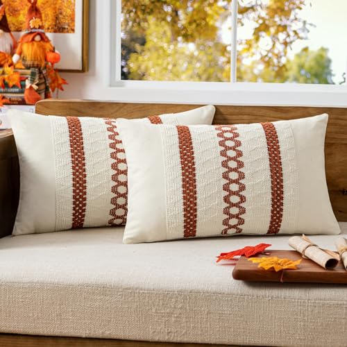 MIULEE Set of 2 Fall Burnt Orange Decorative Lumbar Pillow Covers 12x20 | Farmhouse Boho Couch Throw Pillows, Modern Cushion Covers, Macrame Woven Home Decor for Bed Sofa Chair - color: Burnt Orange, size: 20" x 12" (Pack of 2)