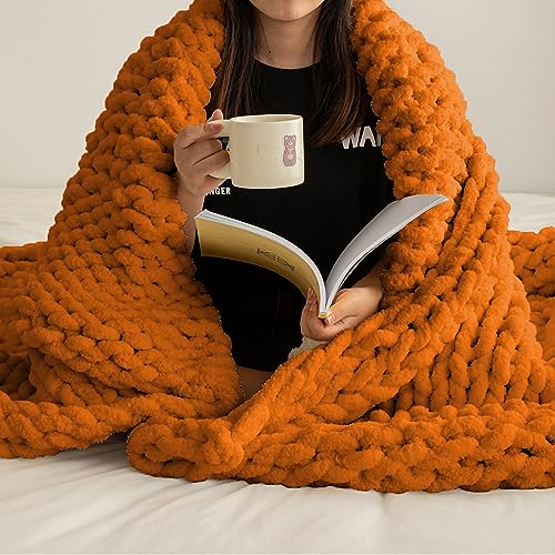 Burnt Orange Chunky Chenille Knit Throw Blanket 50x60 Inch Sofa Bed Couch | Ultra soft & fluffy texture, handmade crochet warm cozy chenille yarn, lightweight decorative blanket for indoor daily use - color: Burnt Orange
