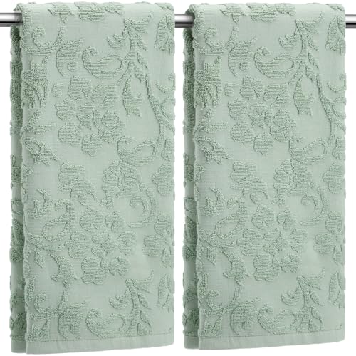 SmoothNovelty 2 Pcs Sage Green Hand Towels for Bathroom 100% Cotton Floral Jacquard Hand Towels Cute Absorbent Decorative Weave Bath Washcloth Bathroom Decor Gift, 13.7 x 29.5 Inch - color: Sage Green, style: Floral