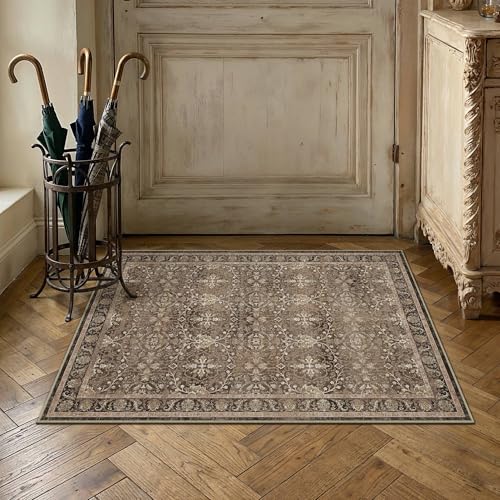 Brown 2x3 Washable Area Rugs Entryway | Living Room Rug,Vintage Rug,Bedroom,Dining Room,Office,Farmhouse,Non-Shedding,Non Slip,Low Pile,Soft - color: Brown, size: 2' x 3' (Rectangular)