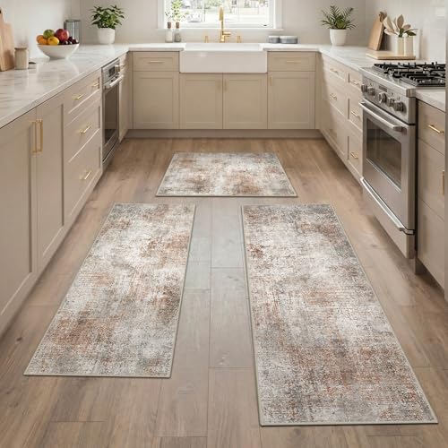 GENIMO Kitchen Rugs Set of 3, Washable Non Slip Kitchen Mats for Floor | 20"x32"&20"x48"&20"x59", Clay vintage abstract rug, soft faux cashmere, low pile, easy-clean for laundry - color: Clay, size: 20"x32"+20"x48"+20"x59"