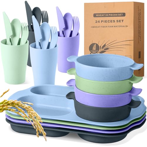 Honoson 24 Pcs Wheat Straw Dinnerware Cutlery Set, Service for 4, Unbreakable Plates and Bowls Set - Divided Plates, Bowls, Spoons, Forks & Knives, Microwave & Dishwasher Safe(Assorted Color) - color: Assorted Color