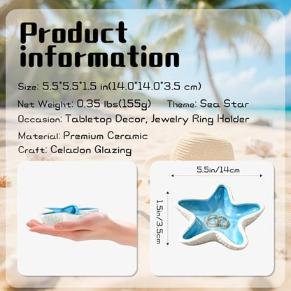 Starfish Ceramic Jewelry Trinket Tray, Blue White Decorative Ring Holder Dish for Rings, Earrings, Necklaces, Bracelets, Watches, Keys - style: Starfish